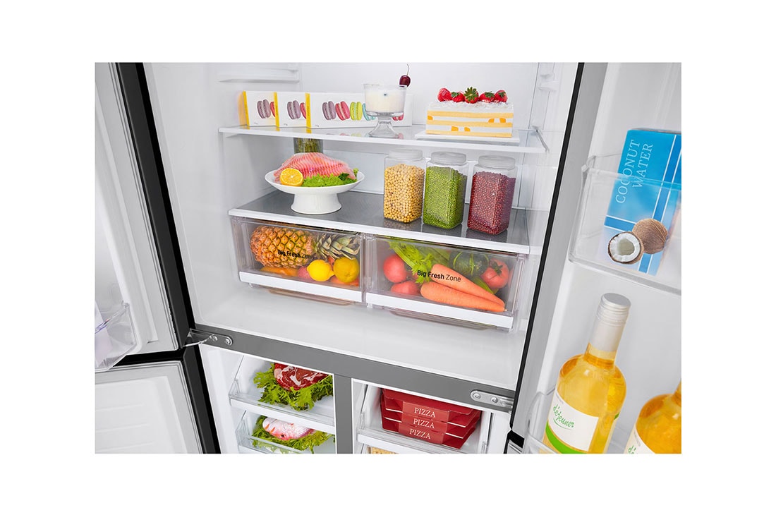 LG 594L Multi Door Refrigerator with Smart Inverter Linear Compressor in Matt Black, detail view with food, GF-B4532MC, thumbnail 7