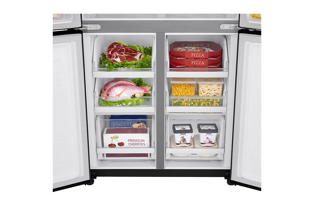 LG 594L Multi Door Refrigerator with Smart Inverter Linear Compressor in Matt Black, detail view with food, GF-B4532MC, thumbnail 9