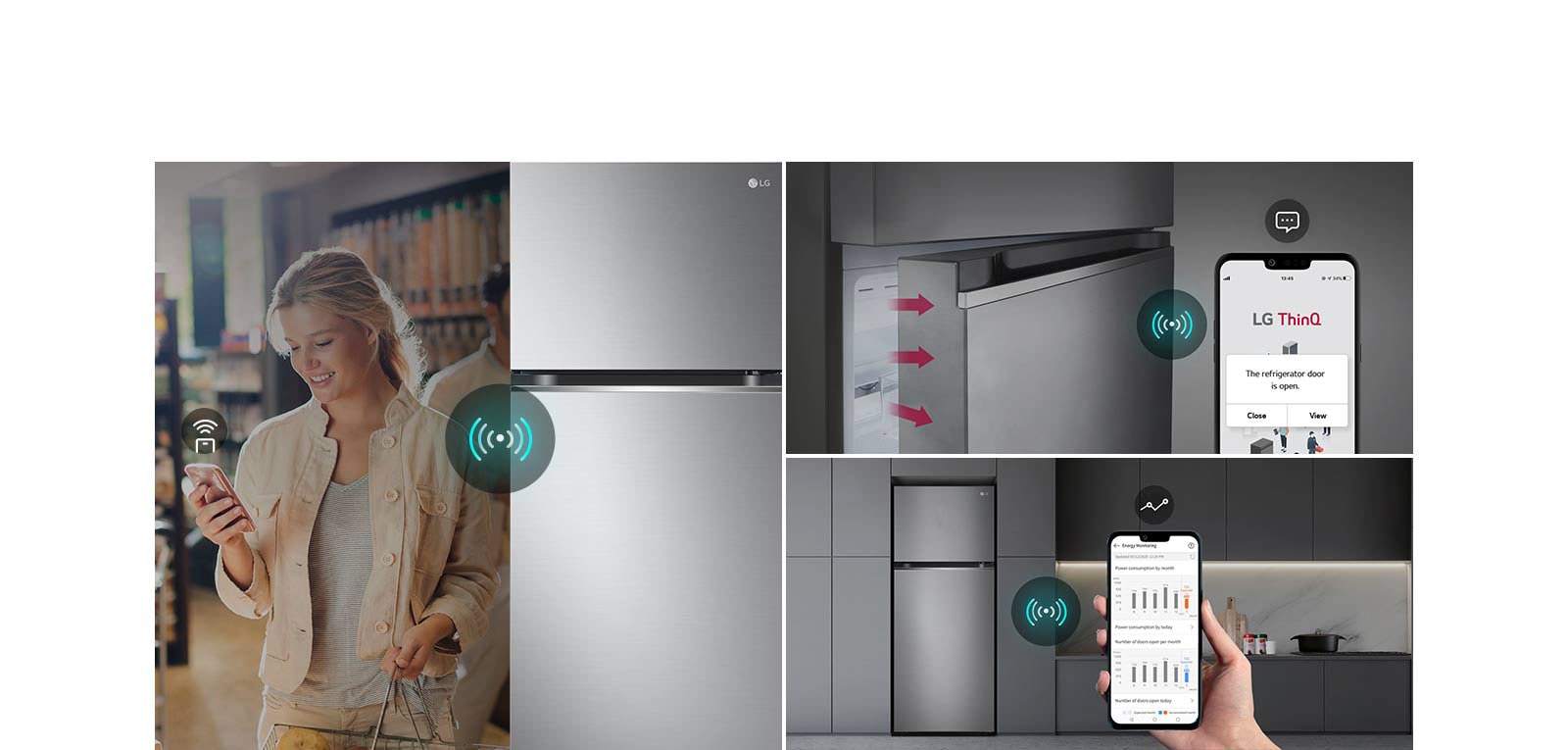 This image is a combination of images describing three different functions. It combines images of remote control through WiFi-enabled devices, smart alerts through the smartphone app when the refrigerator door is opened, and images of refrigerator status being monitored through the smartphone app.