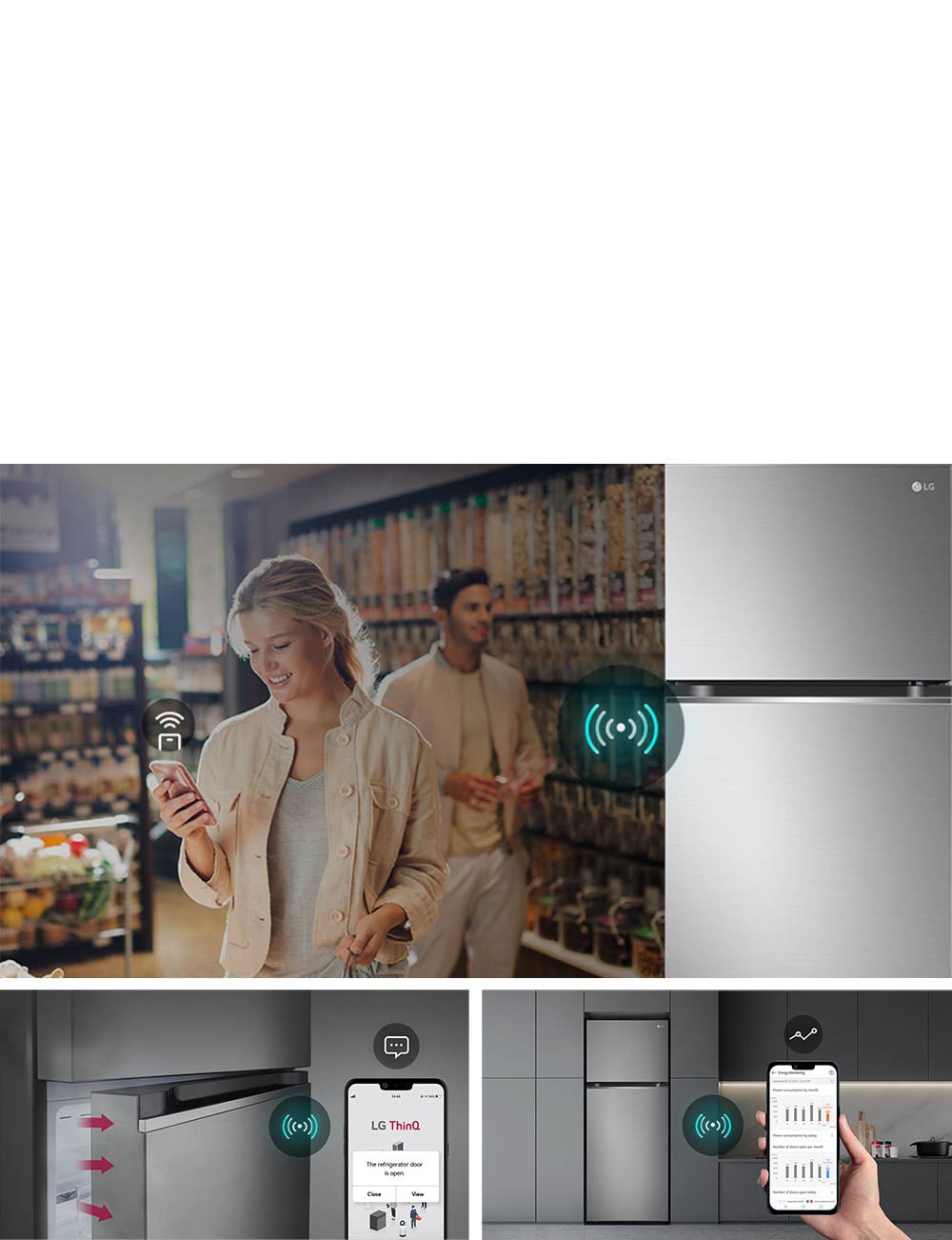 "This image is a combination of images describing three different functions. It combines images of remote control through WiFi-enabled devices, smart alerts through the smartphone app when the refrigerator door is opened, and images of refrigerator status being monitored through the smartphone app."