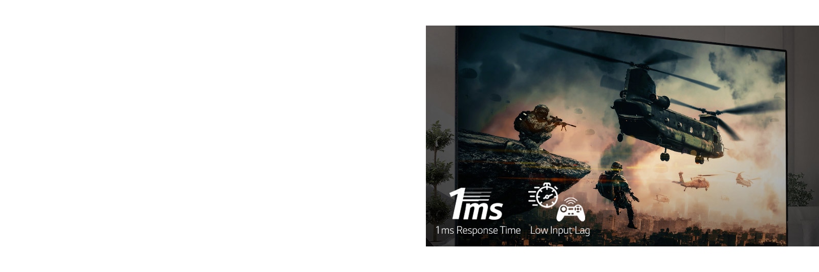 A TV screen displaying a battle game with armed soldiers and helicopters flying in the sky.