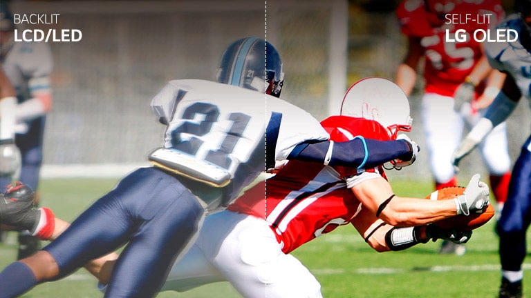A scene from a football game, half on an LCD/LED TV with blurry picture quality, and other half on LG OLED TV with clear picture quality