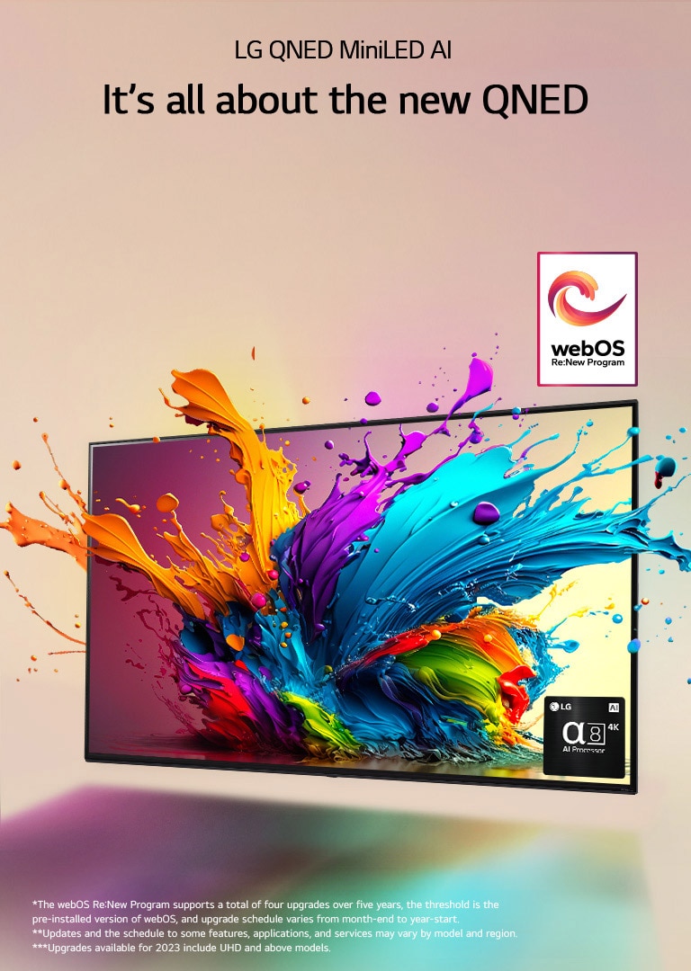 LG QNED AI TV against a pale pink backdrop. Colorful droplets and paint waves explode from the screen, and light radiates, casting colorful shadows below. The alpha 8 AI Processor is at the bottom right corner of the TV screen.  The "webOS Re:New Program" logo is in the image. A disclaimer reads: "The webOS Re:New Program supports a total of four upgrades over five years, the threshold is the pre-installed version of webOS, and upgrade schedule varies from month-end to year-start." "Updates and the schedule to some features, applications, and services may vary by model and region."  "Upgrades available for 2023 include UHD and above models."