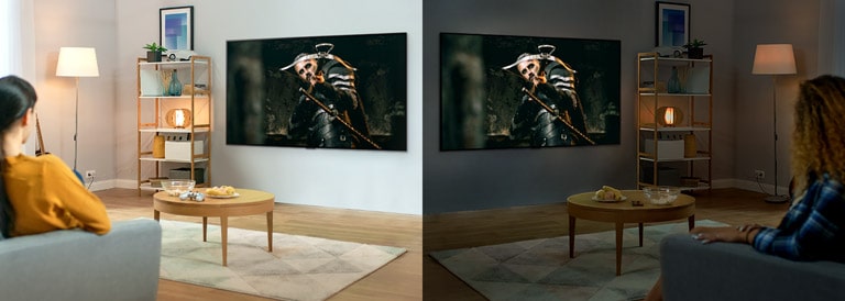 Two women watching the same scene on TV in mirrored living rooms and different brightness conditions