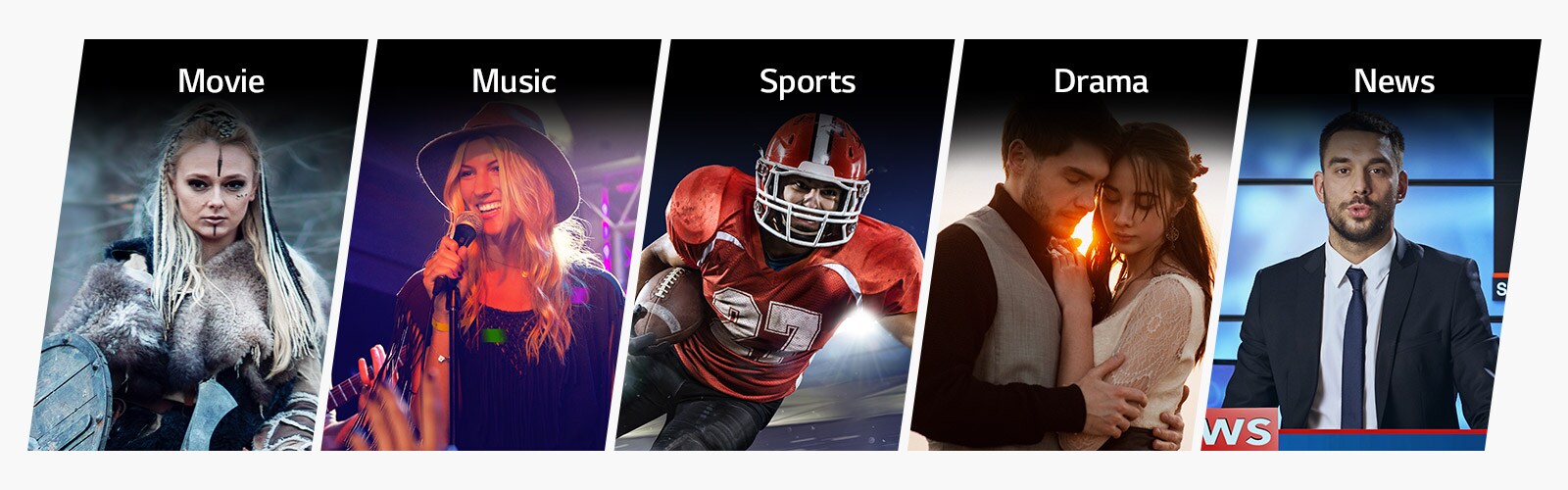 Five vertical title cards for Movie, Music, Sports, Drama and News