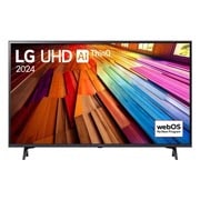 LG 43 Inch LG UHD UT80 4K Smart TV 2024, Front view of LG UHD TV, UT80 with text of LG UHD AI ThinQ, 2024, and webOS Re:New Program logo on screen, 43UT8050PSB, thumbnail 1