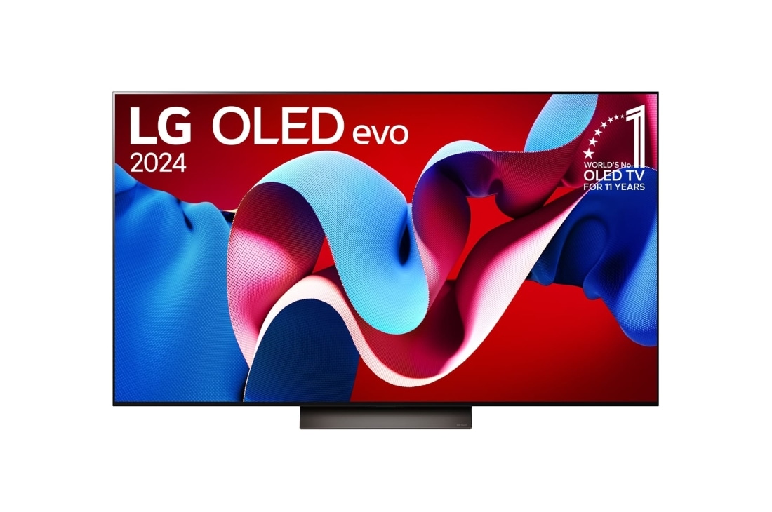 LG OLED evo AI C4 65 inch TV 4K Smart TV 2024 | Wall mounted | TV stand | TV wall design | Ultra HD 4K resolution | AI ThinQ, Front view with LG OLED evo and 11 Years World No.1 OLED Emblem on screen, as well as the Soundbar below, OLED65C4PSA