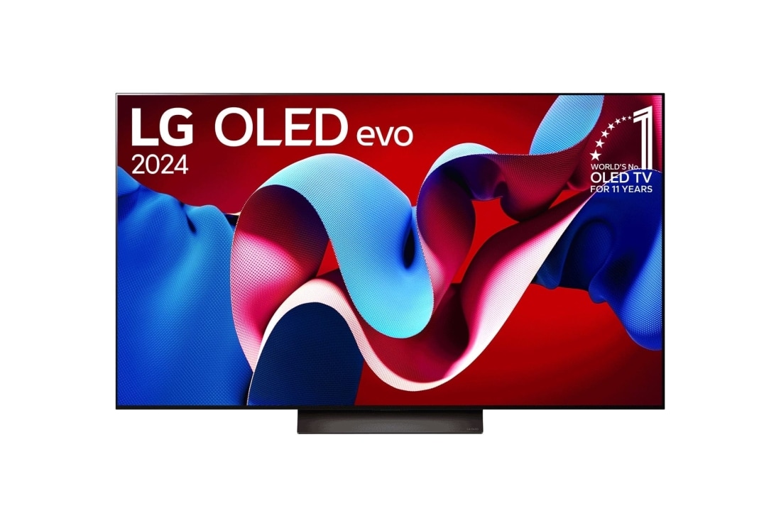 LG OLED evo AI C4 55 inch TV 4K Smart TV 2024 | Wall mounted | TV stand | TV wall design | Ultra HD 4K resolution | AI ThinQ, Front view with LG OLED evo and 11 Years World No.1 OLED Emblem on screen, as well as the Soundbar below, OLED55C4PSA