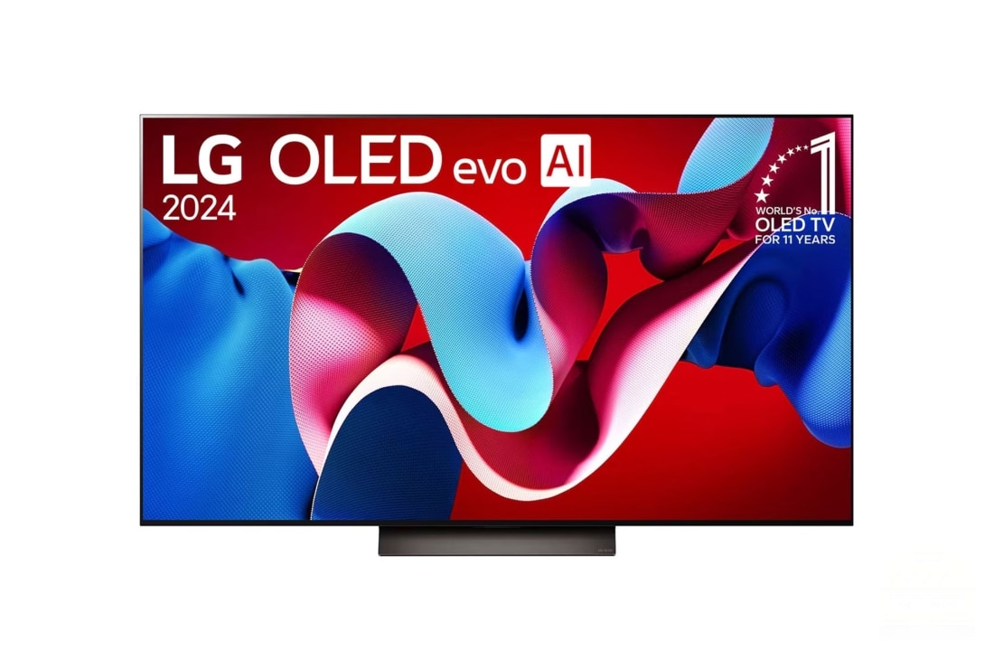 LG OLED evo AI C4 77 inch TV 4K Smart TV 2024 | Wall mounted | TV stand | TV wall design | Ultra HD 4K resolution | AI ThinQ, Front view with LG OLED evo TV, OLED C4, 11 Years of world number 1 OLED Emblem logo and webOS Re:New Program logo on screen, as well as the Soundbar below, OLED77C4PSA