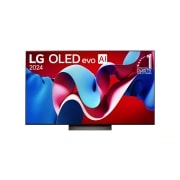 LG OLED evo AI C4 77 inch TV 4K Smart TV 2024 | Wall mounted | TV stand | TV wall design | Ultra HD 4K resolution | AI ThinQ, Front view with LG OLED evo TV, OLED C4, 11 Years of world number 1 OLED Emblem logo and webOS Re:New Program logo on screen, as well as the Soundbar below, OLED77C4PSA, thumbnail 1