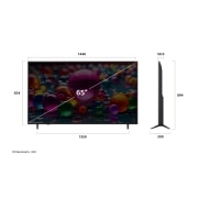LG 65 Inch LG UHD AI UA84 4k Smart TV 2025, Front view and side view of LG UHD AI  UA75 4K Smart TV showing its length, width, height, and depth dimensions., 65UA8450PSA, thumbnail 4