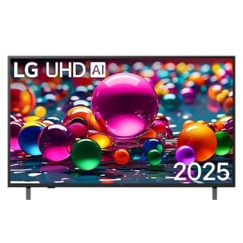 Front view of UHD UA75 TV, LG UHD Al Logo on the top corner. LG UHD TV depicts colorful paintike textures coming together.1