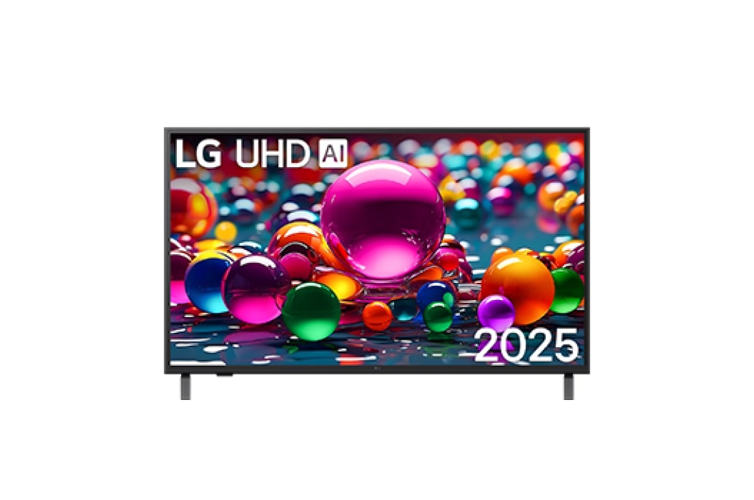 LG 43 Inch LG UHD AI UA84 4k Smart TV 2025, Front view of UHD UA75 TV, LG UHD Al Logo on the top corner. LG UHD TV depicts colorful paintike textures coming together., 43UA8450PSA