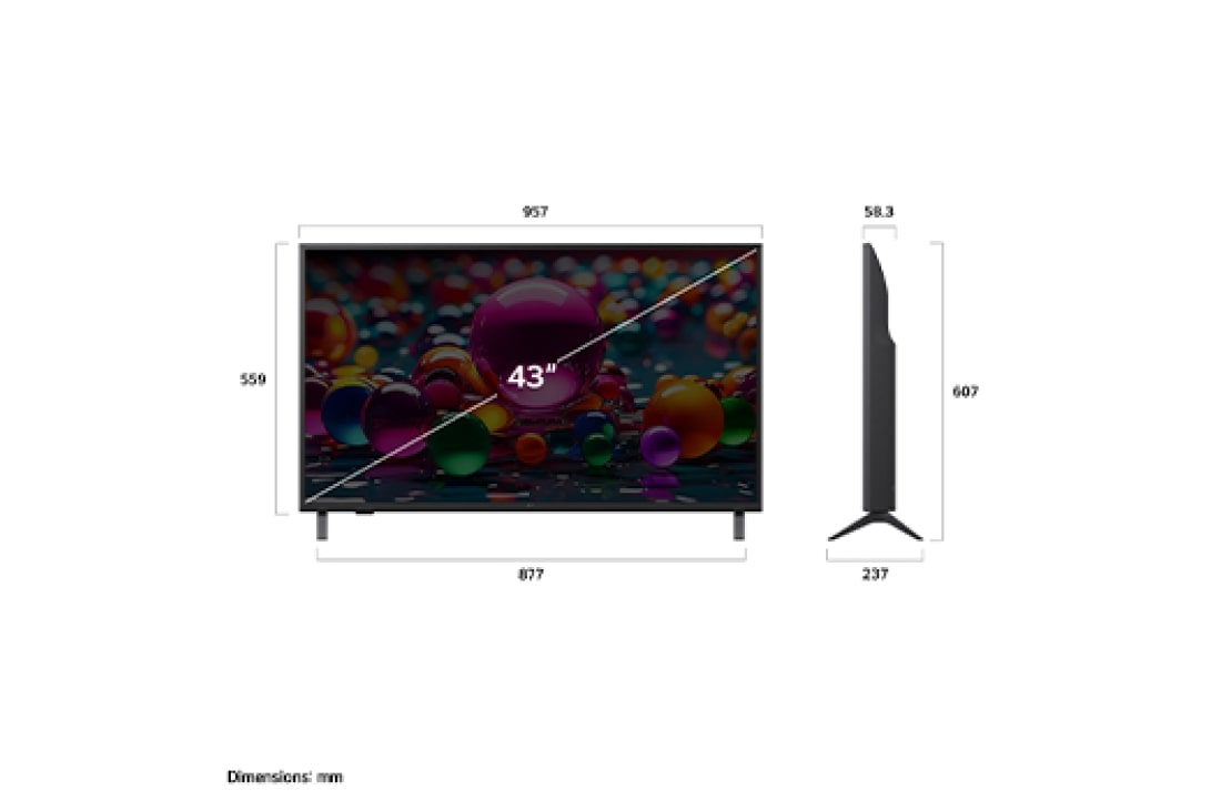 LG 43 Inch LG UHD AI UA84 4k Smart TV 2025, Front view and side view of LG UHD AI  UA75 4K Smart TV showing its length, width, height, and depth dimensions., 43UA8450PSA, thumbnail 4