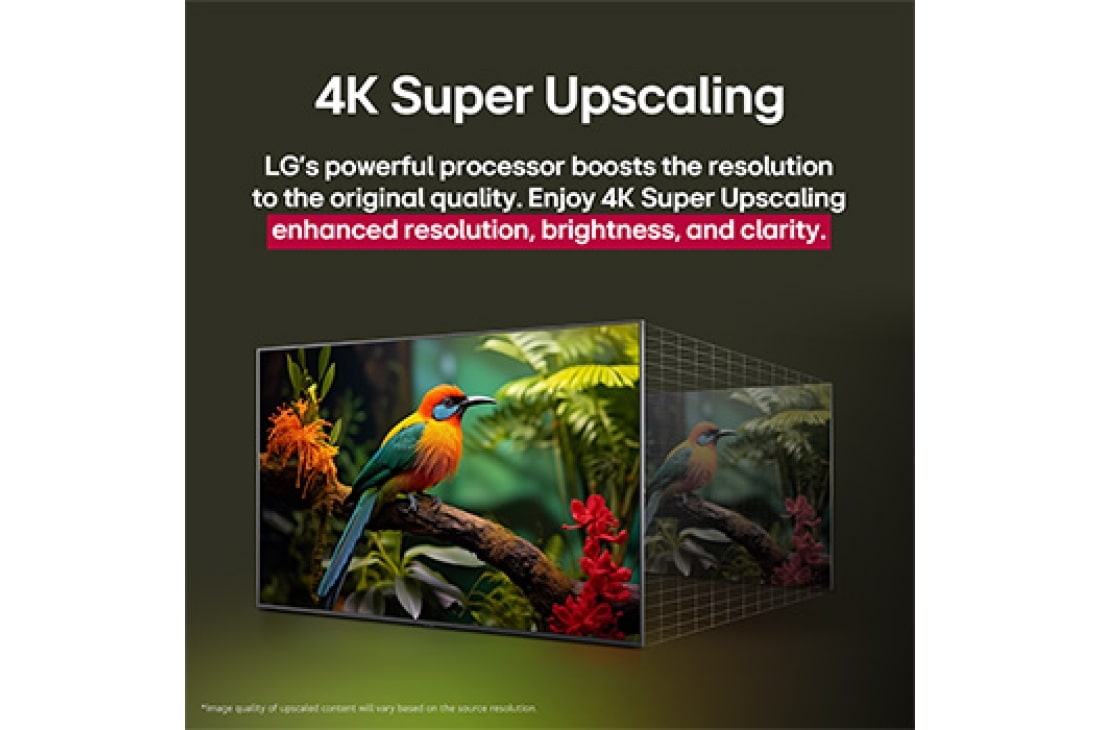 LG 43 Inch LG UHD AI UA84 4k Smart TV 2025, Before and after comparison of how LG 4K Super Upscaling improves image quality. Two panels showing the same image of a colorful bird sitting on a branch in a forest, panel on the right is faded out. , 43UA8450PSA, thumbnail 6