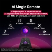 LG 43 Inch LG UHD AI UA84 4k Smart TV 2025, LG AI Magic Remote with the AI button highlighted. Around it are the different functionalities that a user can access from the button. AI Voice ID, AI Search, AI Chatbot, AI Concierge, AI Picture Wiza, 43UA8450PSA, thumbnail 10
