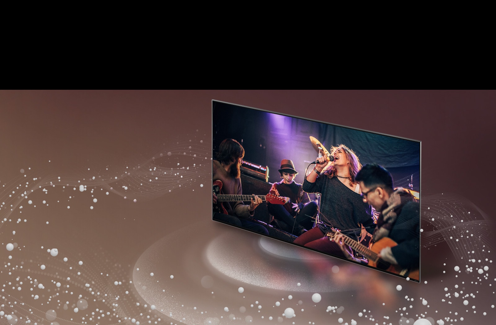 LG TV as sound bubbles and waves emit from the screen and fill the space.
