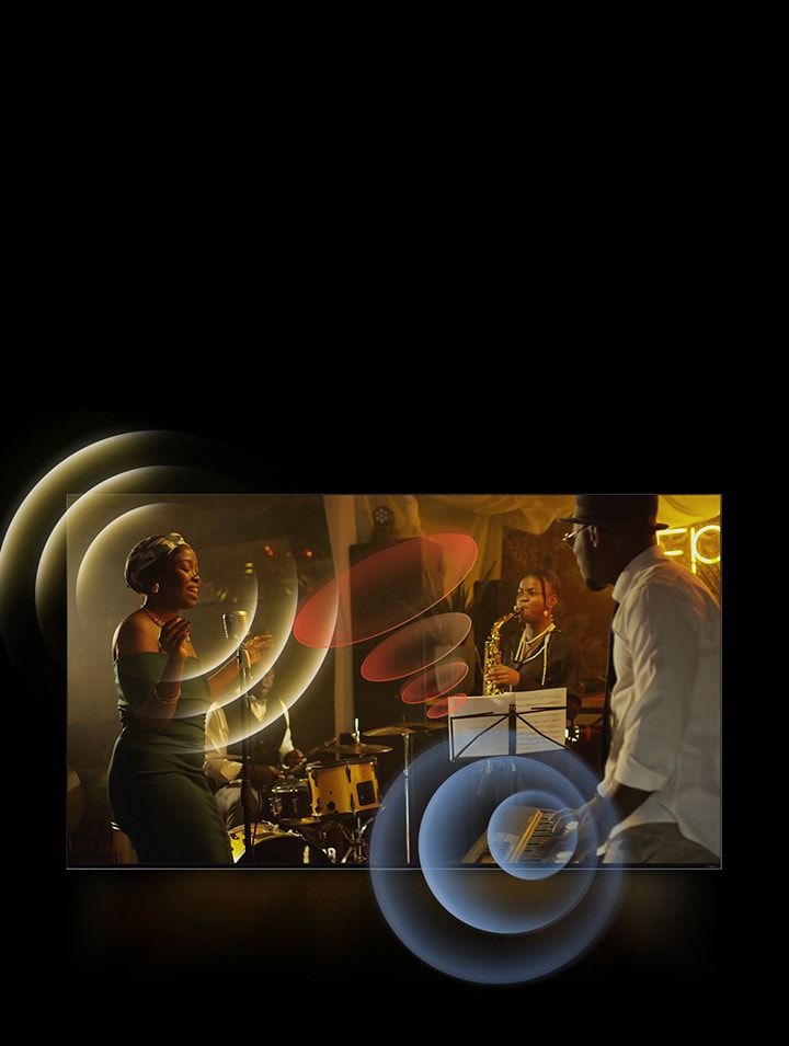 LG TV showing musicians performing, with bright circle graphics around the space.