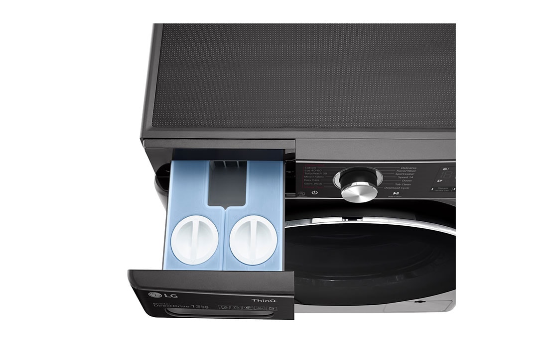 LG 13/8kg, AI Direct Drive Front Load Washer Dryer, Detergent port open top view, FV1413H2BA, thumbnail 7