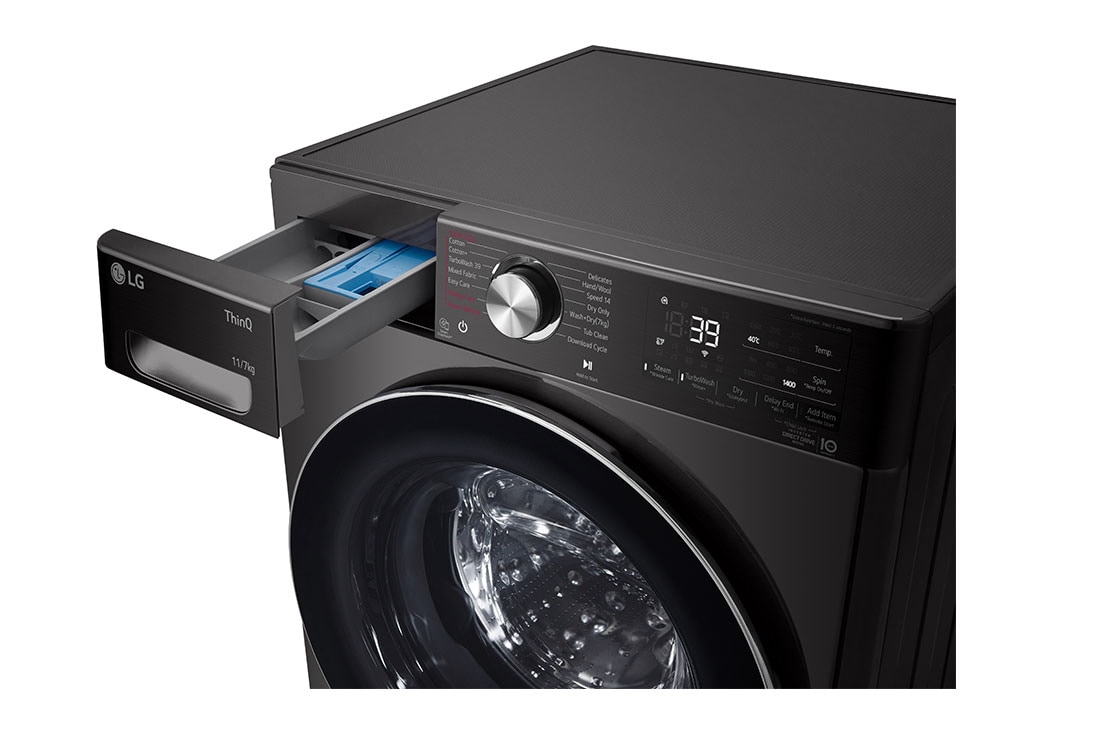 LG 11/7kg, AI Direct Drive Front Load Washer Dryer, Detergent port open side view, FV1411H2B, thumbnail 6