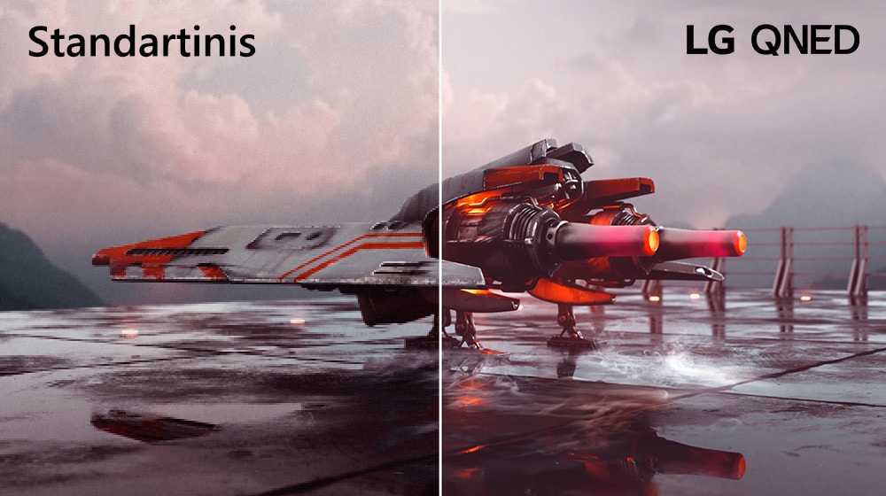 Matomas raudonas naikintuvas, o vaizdas padalytas į dvi dalis – kairioji vaizdo pusė atrodo mažiau spalvinga ir šiek tiek tamsesnė, o dešinioji – šviesesnė ir spalvingesnė. Kairiajame viršutiniame kampe yra užrašas „Standartinis“, o dešiniajame viršutiniame kampe – LG QNED logotipas.
