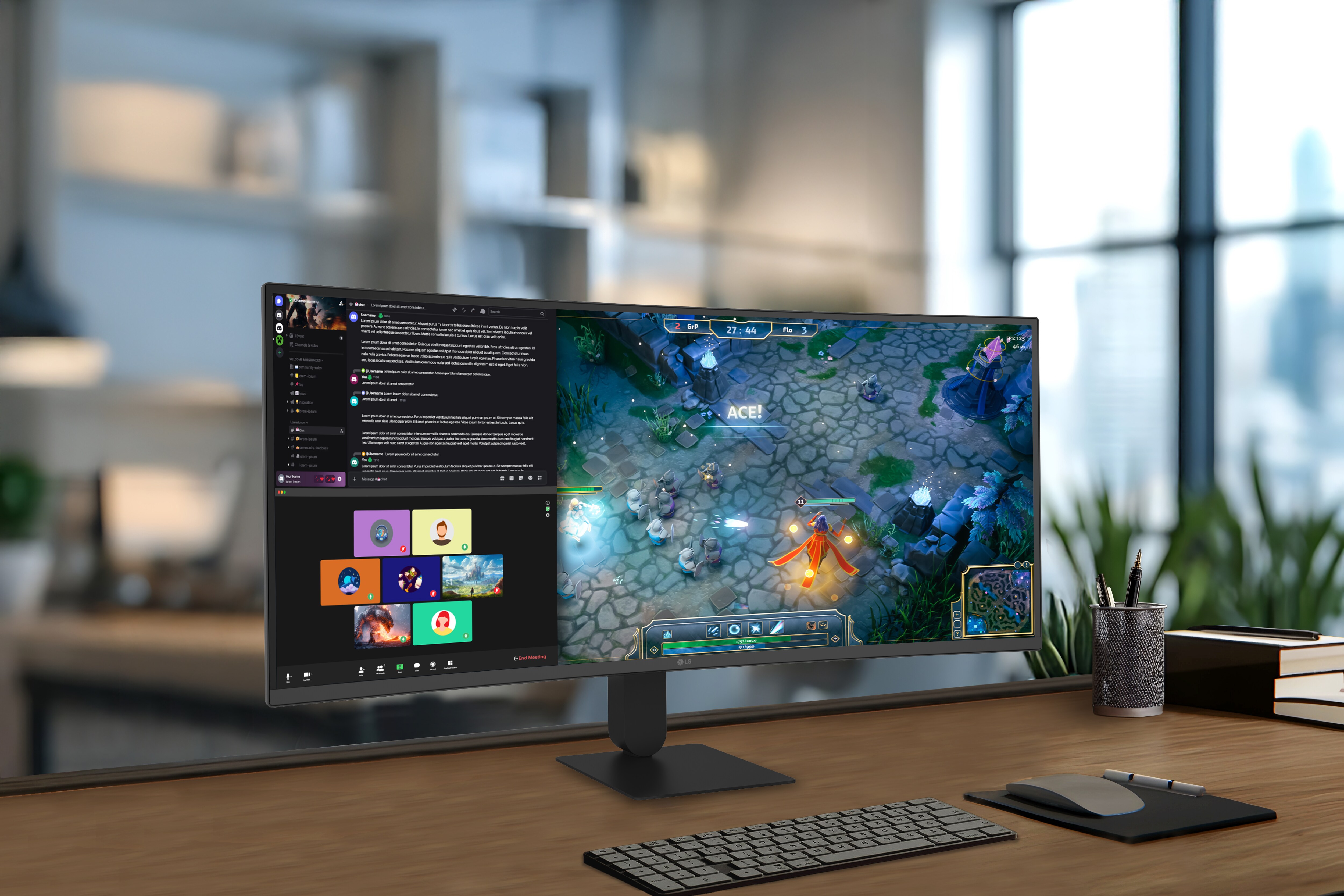 LG UltraWide išlenktas monitorius ant modernaus stalo, rodantis įtraukiantį pirmojo asmens žaidimą plačiame išlenktame ekrane kartu su daugiafunkcine sąsaja, užtikrinantis platų vaizdą, sklandų žaidimą ir padidintą produktyvumą namų biuro darbo vietos aplinkoje.