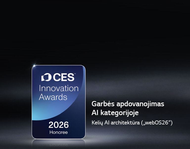 Tamsiame fone rodomas „CES Innovation Awards 2026“ laureato ženklelis. „Multi-AI Architecture“ pripažinta dirbtinio intelekto kategorijoje.	