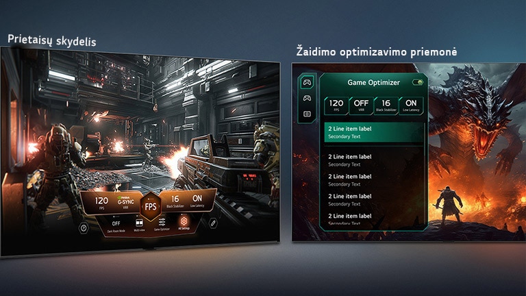 „LG OLED evo AI C6“ su „Game Dashboard“ ir „Game Optimizer“ rodo du žaidimų ekranus šalia ir ekrano meniu žaidimo nustatymams, tokiems kaip atnaujinimo dažnis, delsa ir vaizdo režimai.