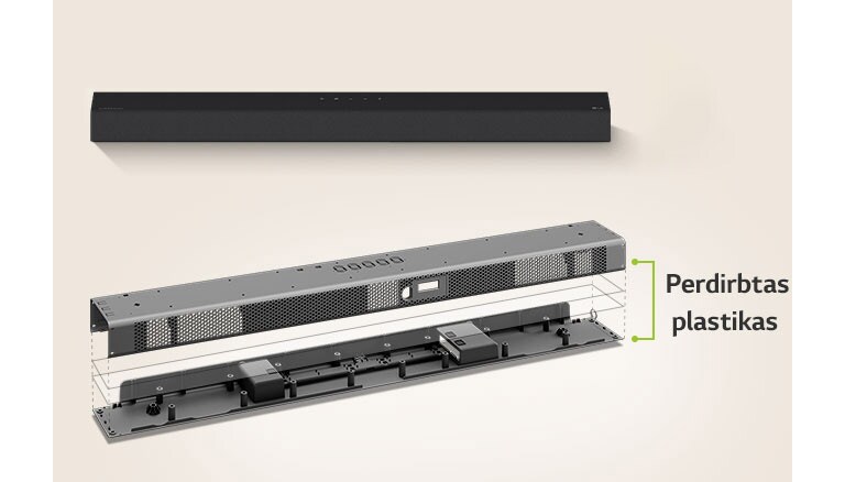 Antrame plane matosi horizontaliojo garsiakalbio vaizdas iš priekio, o pirmame plane – horizontaliojo garsiakalbio metalinio rėmo vaizdas.