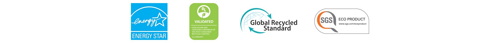 Iš kairės: pavaizduota ENERGY STAR (logo), UL VALIDATED (logo), „Global Recycled Standard“ (logo), SGS ECO PRODUCT (logo).
