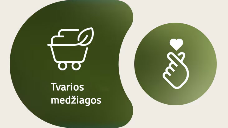 Kairėje pusėje pavaizduota LG tvariųjų medžiagų piktograma, po kuria užrašytas jos pavadinimas. Dešinėje pusėje rodoma ESG piršto-širdies piktograma.