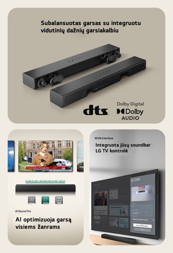 Kairiajame paveikslėlyje yra 2 S20A Soundbar įrenginiai, viename iš jų matomos vidinės dalys, pvz., žemųjų ir aukštųjų dažnių garsiakalbiai be grotelių, o kitame – galinė pusė. Dešinėje pusėje rodomas dts logotipas ir Dolby skaitmeninio garso logotipas. Centre matomi 3 TV ekranai: Scena su mikrofonu rankoje, reporterė su mikrofonu ir planšetiniu kompiuteriu kiekvienoje rankoje ir arklys. Po TV stovi SH5A soundbar su EQ grafika. Apačioje – trys piktogramos: MUZIKA, BALSAS IR KINAS Dešiniajame paveikslėlyje wall-mounted TV rodomas „LG webOS“ pagrindinis ekranas, o SH5A padėtas po TV, ant TV staliuko. Kairėje pusėje iš dalies rodomas LG TV nuotolinio valdymo pultas, o dešinėje - 4 piktogramos, rodančios WOW Interface funkcijas.