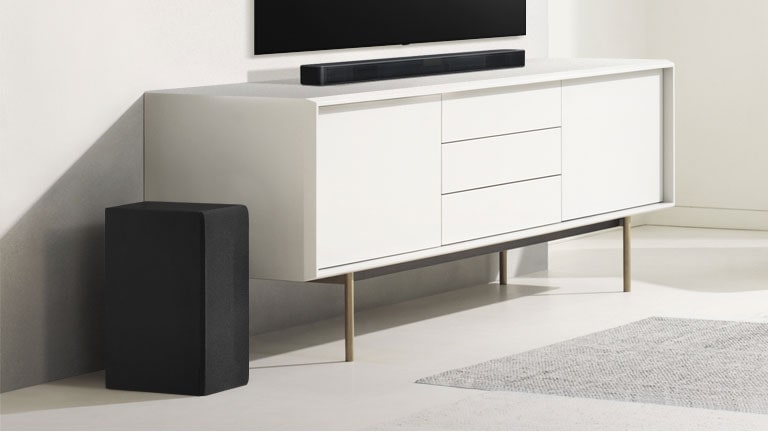 Horizontalusis garsiakalbis padėtas ant baltos lentynos, o kairėje pusėje – žemų dažnių garsiakalbis. Žemų dažnių garsiakalbis atrodo didesnis, nes yra labiau priekyje.