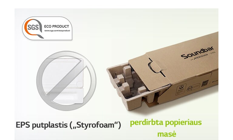 Kairiajame viršutiniame kampe pateikiamas logotipas SGS ECO PRODUCT. Kairėje pusėje pateikiamas pilkas draudimo ženklas ant „Styrofoam“ vaizdo, o dešinėje – pakuotės dėžė.