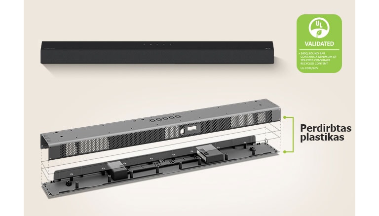 Antrame plane matosi horizontaliojo garsiakalbio vaizdas iš priekio, o pirmame plane – horizontaliojo garsiakalbio metalinio rėmo vaizdas.