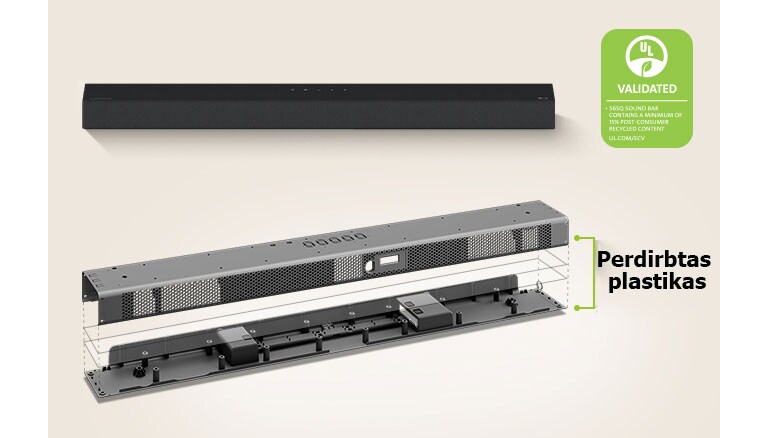 Antrame plane matosi horizontaliojo garsiakalbio vaizdas iš priekio, o pirmame plane – horizontaliojo garsiakalbio metalinio rėmo vaizdas.