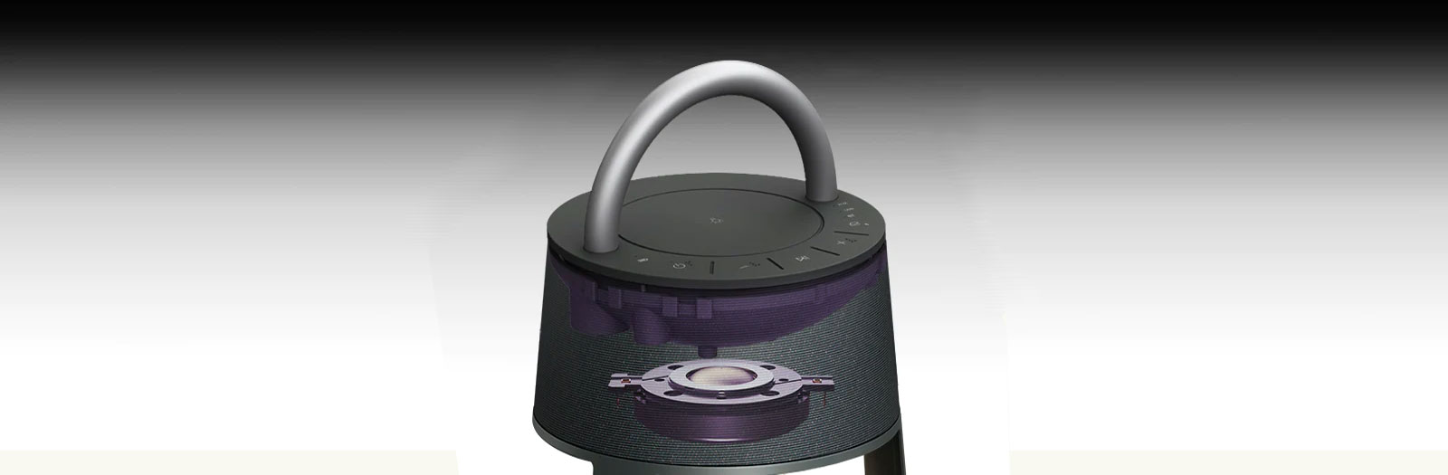 La imagen muestra la unidad del altavoz de agudos de titanio en la parte superior del XBOOM 360.