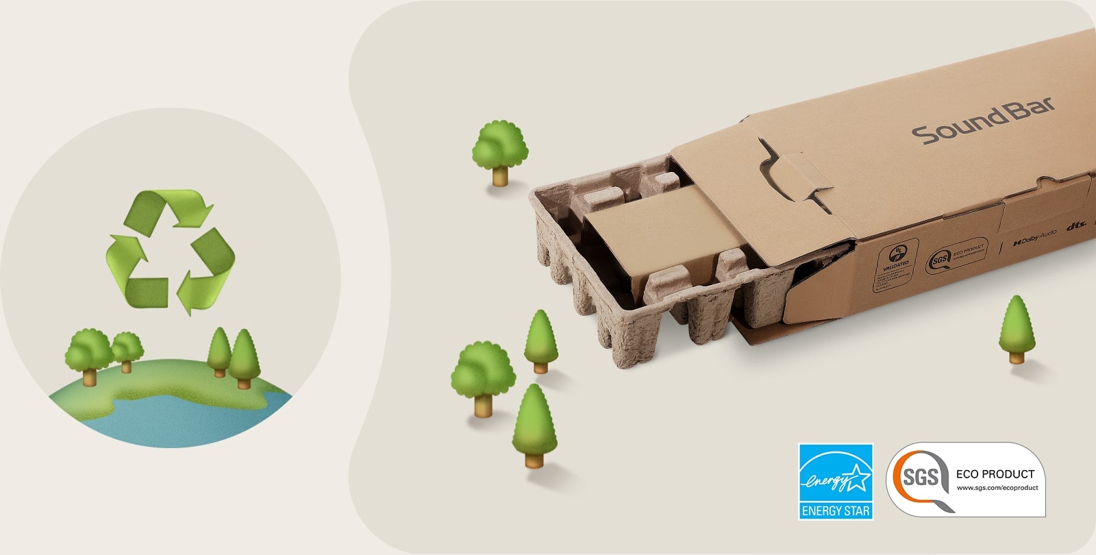 LG „Soundbar“ pakuotė smėlio spalvos fone su medžių iliustracija.   Energy Star (logotipas) SGS Eco Product (logotipas)