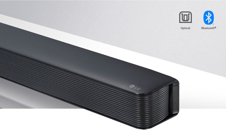 LG Soundbar su LG logotipu apatiniame dešiniajame kampe dešinės pusės vaizdas stambiu planu. Jungiamumo piktograma virš produkto. 