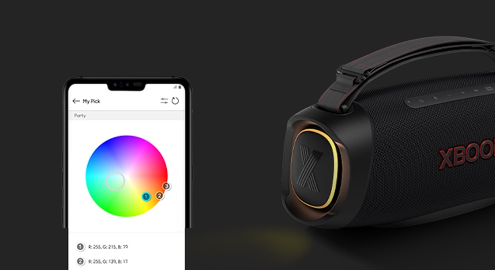 Kairėje pusėje rodoma „My style“ vartotojo sąsaja. Dešinėje pusėje ant grindų stovintis LG XBOOM Go XG8T su geltonu apšvietimu.