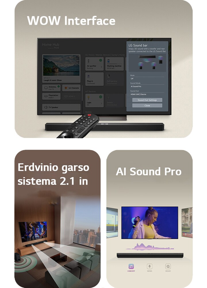 LG valdymo pultas nukreiptas į LG TV su LG Soundbar po juo. LG TV su WOW Interface meniu ekrane.  LG Soundbar, LG TV ir žemųjų dažnių garsiakalbis svetainėje, transliuojantys muzikinį pasirodymą. Dvi garso bangos sudarytos iš baltų lašelių sklinda iš soundbar, o žemųjų dažnių garsiakalbis sukuria garso efektą iš apačios.  LG Soundbar su trimis skirtingais TV ekranais virš jos. Viename rodomas filmas, kitame koncertas, o trečiame naujienų laida. Po soundbar skirtingi simboliai simbolizuoja kiekvieną turinio žanrą.