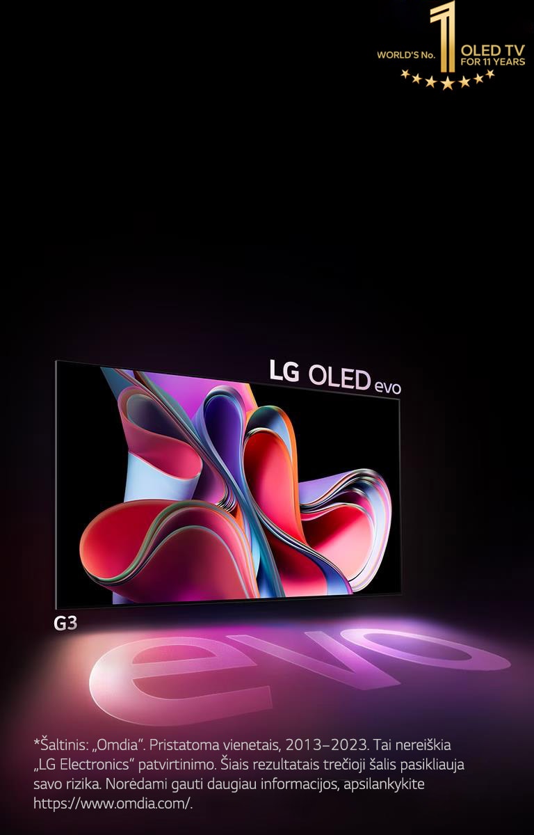 „LG OLED G3“ vaizdas juodame fone – ryškus rausvas ir violetinis abstraktus meno kūrinys. Ekranas meta spalvotą šešėlį, kuriame pavaizduotas žodis „evo“. Paveikslėlio viršutiniame kairiajame kampe yra emblema „10 metų OLED televizorius Nr. 1 pasaulyje“. 