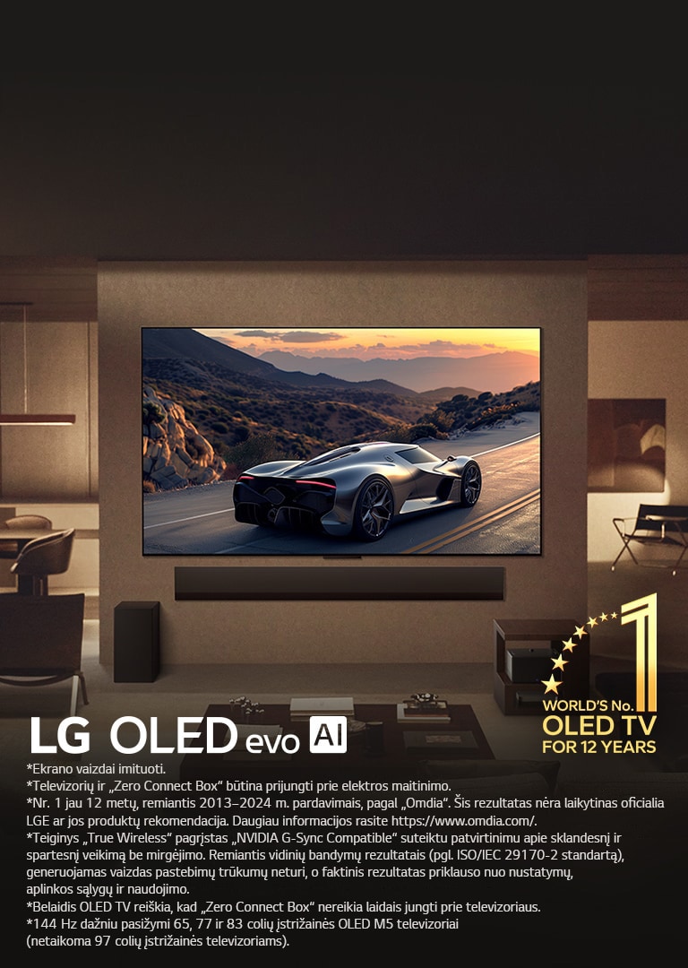 Elegantiška svetainė su ant sienos pritvirtintu „LG OLED evo M5“ televizoriumi. Po juo yra LG „Soundbar“ garso sistema. „Zero Connect Box“ yra padėtas po staliuku. Nesimato jokių laidų, o tai rodo, kad televizorius veikia su „True Wireless“ technologija. Matoma 12 metų pasaulyje pirmaujančio OLED TV televizoriaus emblema ir „LG OLED evo AI“ logotipas. 