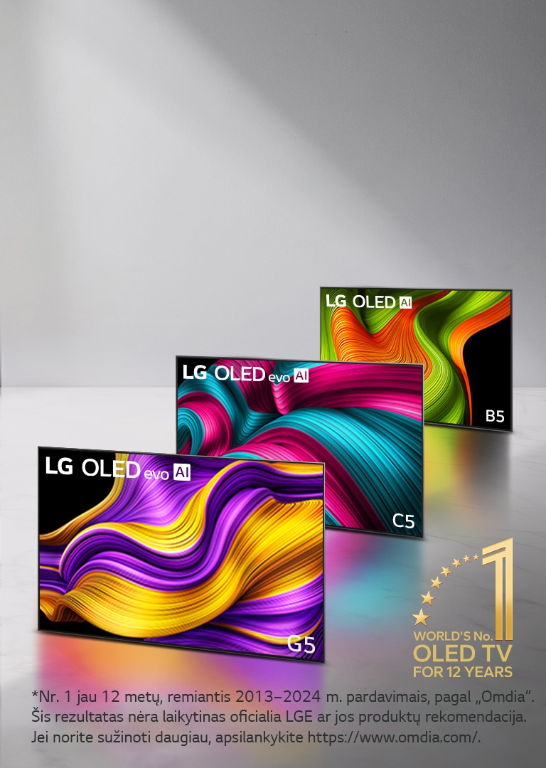 Išrikiuoti trys „LG OLED evo AI“ televizoriai: C5, G5 ir B5. Kampe yra emblema: „World’s number one OLED TV for 12 years“. 