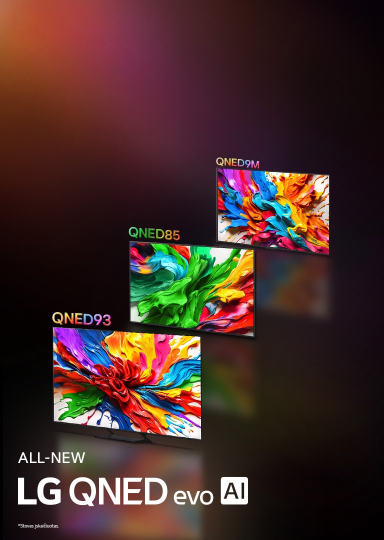 LG TV ekranuose rodomi spalvingi meno kūriniai, kuriuose atsiskleidžia nauja ryški ir gyva LG QNED spalvų atkūrimo technologija. Taip pat matomas naujasis „LG QNED evo AI“ logotipas.