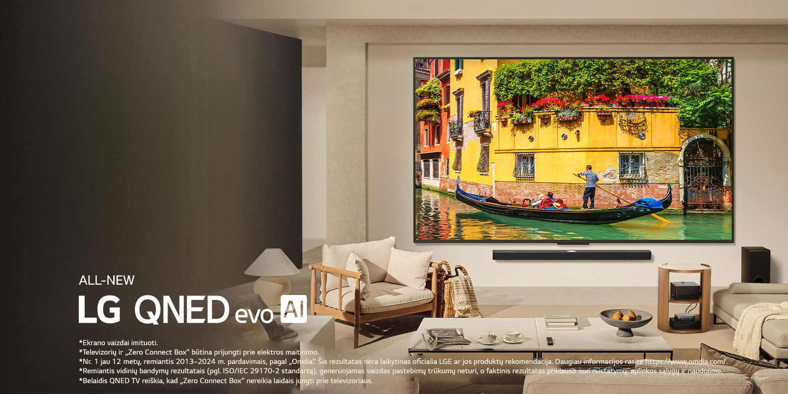 LG QNED 80, QNED 90, QNED 99, QNED 89 ir QNED 85 televizoriai vienas šalia kito kampu, QNED 99 nukreiptas į priekį, o kiti – 45 laipsnių kampu. Spalvoti lašeliai ir dažų bangos sprogsta iš ekrano, o žemiau sklinda šviesa ir meta spalvingus šešėlius.