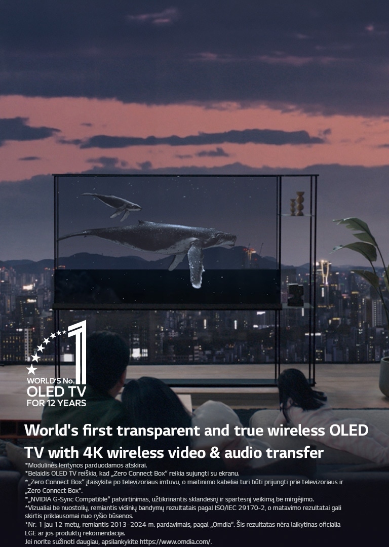 Banginis plaukia per LG SIGNATURE OLED T ekraną, pakeliama užuolaida, kad matytųsi vakarinio miesto panorama. Žmonės sėdi ant sofos pirmame plane priešais televizorių ir langą. „Zero Connect Box“ ant staliuko, kairėje televizoriaus pusėje. 