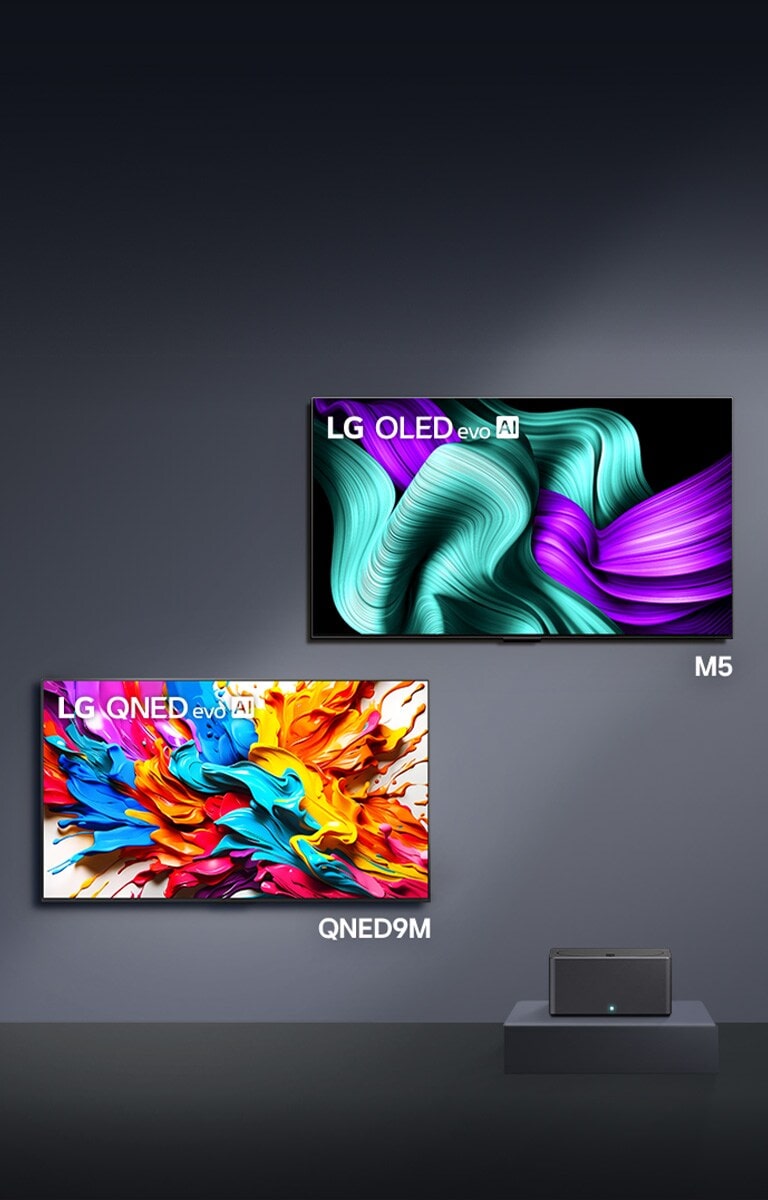 LG QNED 80, QNED 90, QNED 99, QNED 89 ir QNED 85 televizoriai vienas šalia kito kampu, QNED 99 nukreiptas į priekį, o kiti – 45 laipsnių kampu. Spalvoti lašeliai ir dažų bangos sprogsta iš ekrano, o žemiau sklinda šviesa ir meta spalvingus šešėlius.