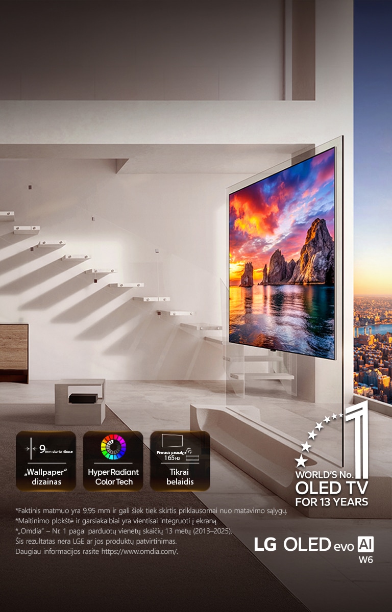 „LG OLED evo AI W6 Wallpaper TV“ sumontuotas svetainėje su miesto vaizdu; ekrane rodoma ryški saulėlydžio pakrantės scena, o ekrano piktogramos skelbia: „9 mm diapazono plonas Wallpaper dizainas“, „Hyper Radiant Color Tech“ ir „Pasaulyje pirmasis 165 Hz True Wireless“ ir ženklelis „World's No1 OLED for 13 Years“.
