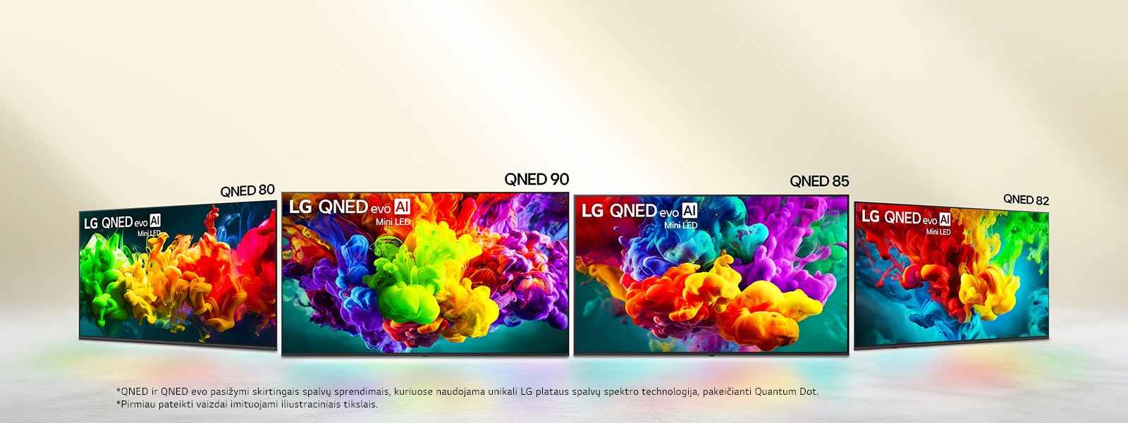 2026&nbsp;m. LG QNED evo Mini LED TV linija su QNED90, QNED85, QNED82 ir QNED80 modeliais, kurių kiekvieno ekrane pavaizduoti spalvingi meno kūriniai, demonstruojantys dinaminę QNED spalvų raišką.